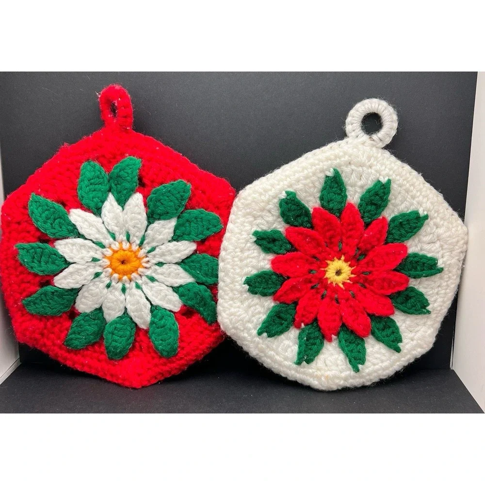 Vintage 2 Crochet Christmas Poinsettia Flower Hot‎ Pad, Holder Or Holiday Decor